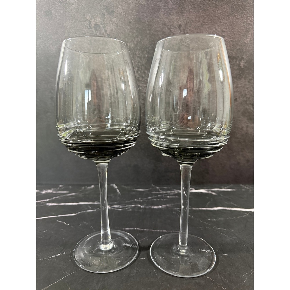 PAIR (2) Rare Mikasa Crystal Swirl Smoke 9.5in Water Goblets
